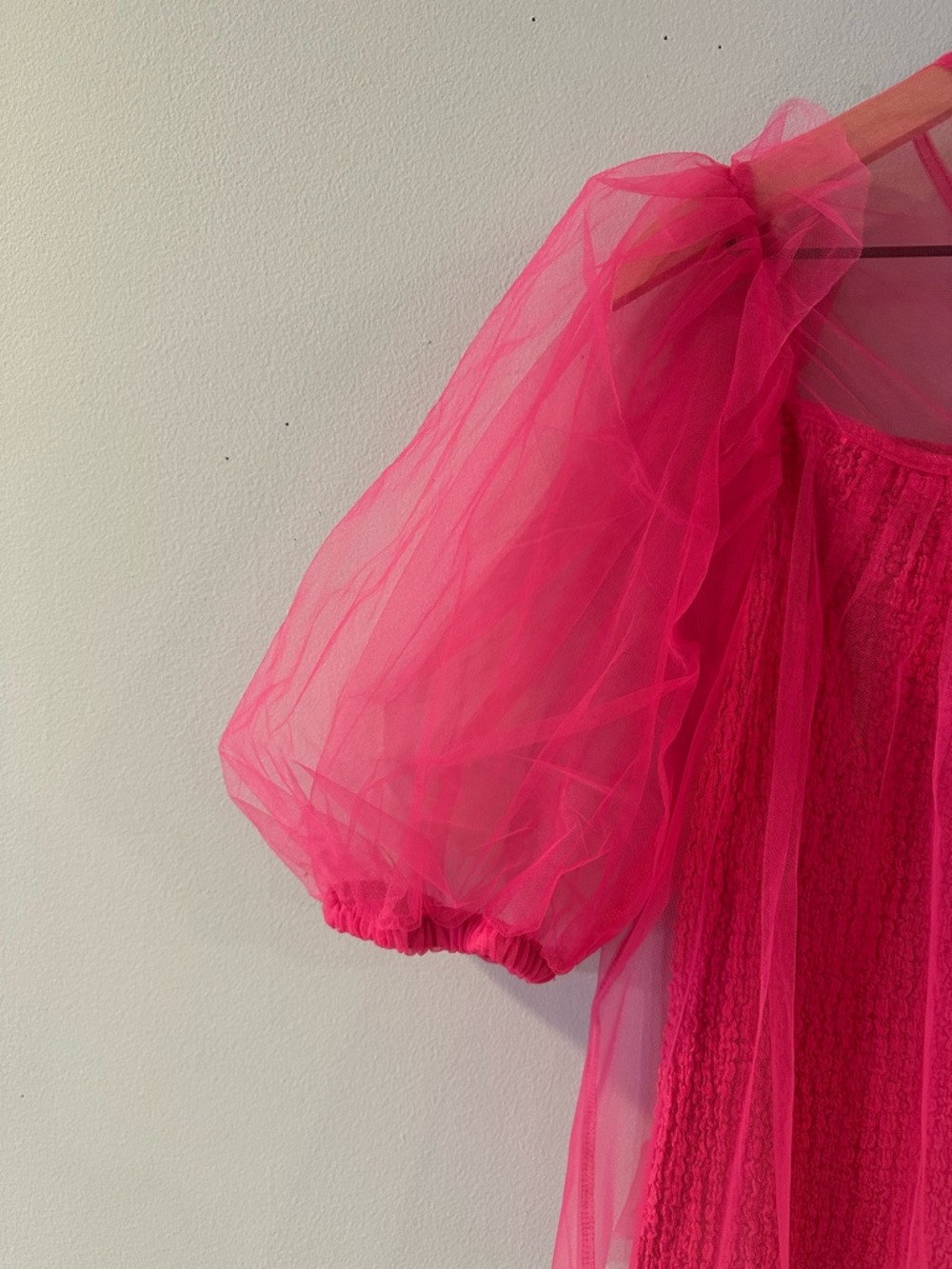 Anthropologie Hot Pink Tulle Babydoll Puff Sleeve Top - Picture 6 of 7